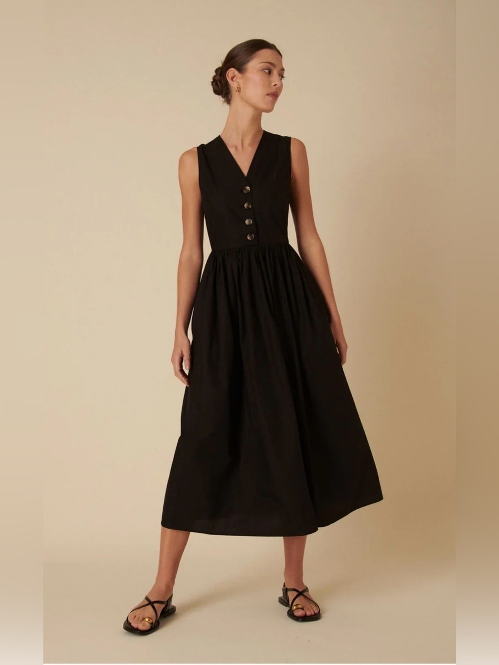 Nobody’s Child Black V neck Button Front Oak Midi Dress